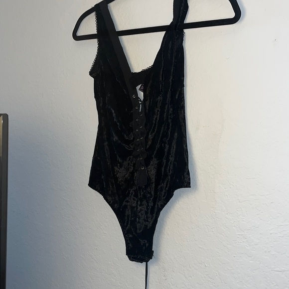 Black Fuchsia Tops - Black Velvet Lace-Up Body Suit